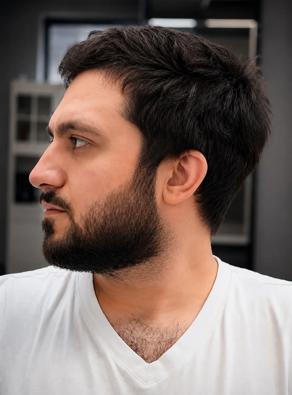 Side profile of a man with messy, thick dark hair and an untrimmed beard against a gray background.